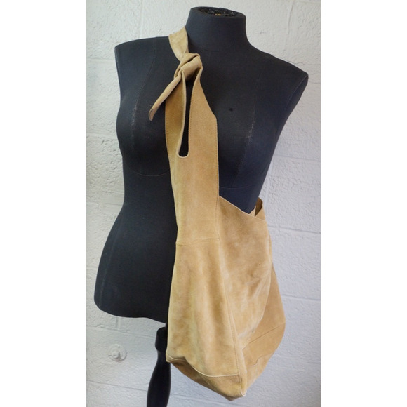 Free People Leather Shoulder Bag Slouchy Jessa Suede Hobo Carry All Sand Color - Picture 7 of 9